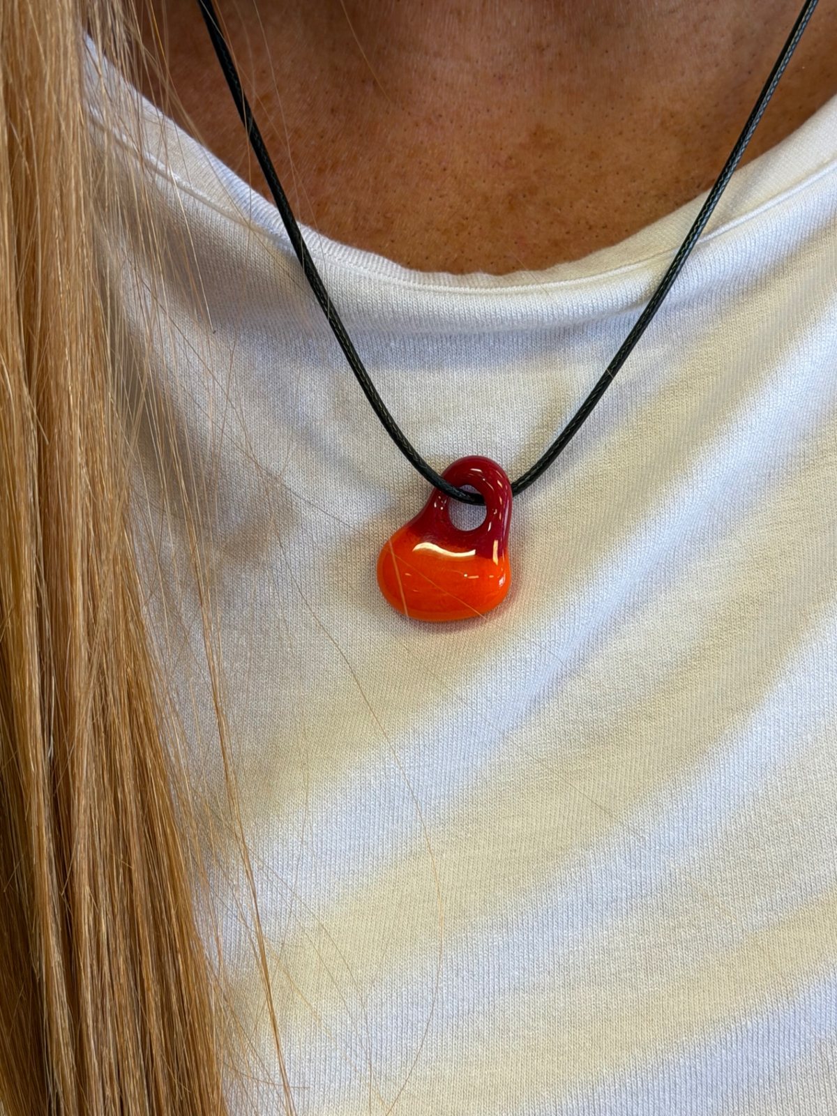 Red and orange fused glass teardrop pendant